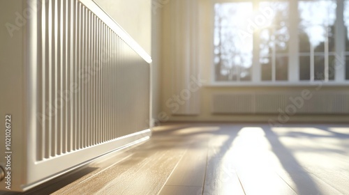 Contemporary Home Radiator Design, showcasing a sleek radiator integrated into a stylish interior, emphasizing warmth and modern aesthetics in central heating solutions. photo