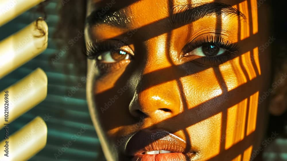 A close-up of a young Black woman, shadows casting patterns across her face as sunlight filters through blinds. The mood is introspective and serene, highlighting themes of identity and perception. A close-up of a young Black woman, shadows casting patterns across her face as sunlight filters through blinds. The mood is introspective and serene, highlighting themes of identity and perception.