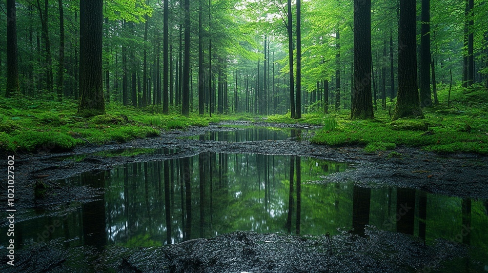 this Dense forest with a rich array of foliage and a tranquil, hidden pond. this Dense forest with a rich array of foliage and a tranquil, hidden pond.