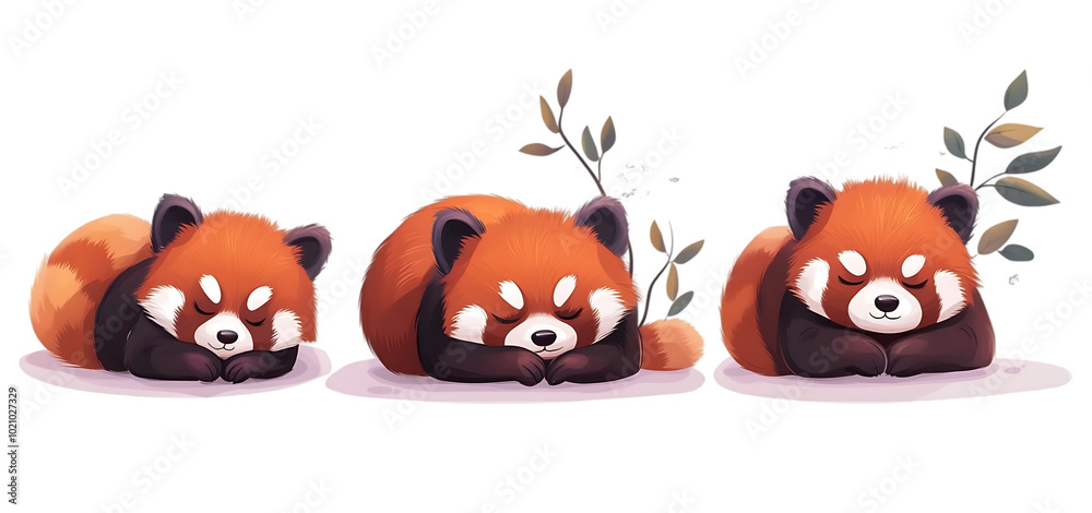 Fototapeta premium three set of red panda sleeping cartoon isolated transparent background