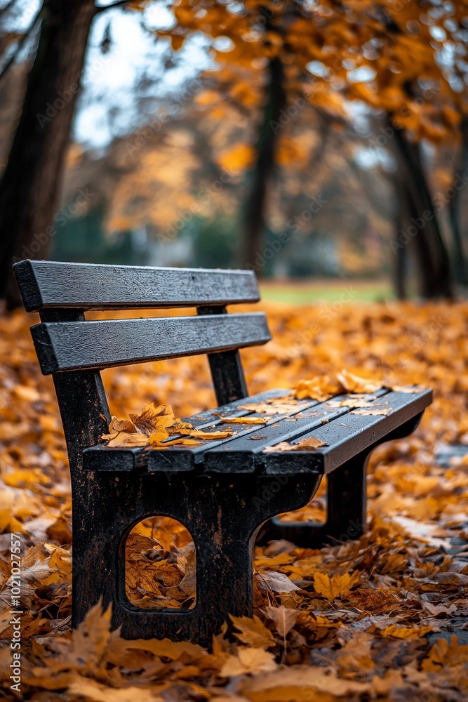 A wooden park bench is adorned with fallen autumn leaves, creating a picturesque and tranquil autumn setting in the park. A wooden park bench is adorned with fallen autumn leaves, creating a picturesque and tranquil autumn setting in the park.