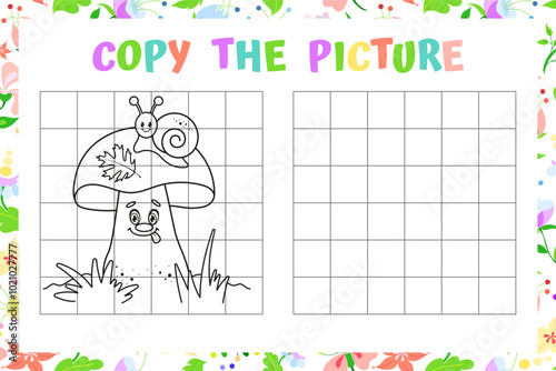 copy the picture activity: mushroom and snail puzzle for kids. vector illustration