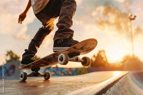 Sunset skateboarding: dynamic action at the skatepark photo