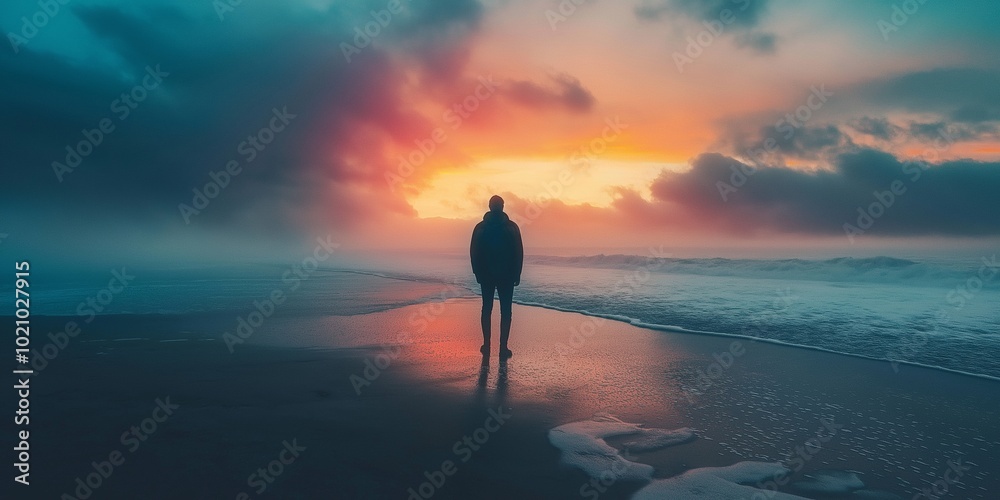 A lone figure walks along a misty beach, silhouetted against the vibrant hues of a sunset sky over a vast ocean. A lone figure walks along a misty beach, silhouetted against the vibrant hues of a sunset sky over a vast ocean.