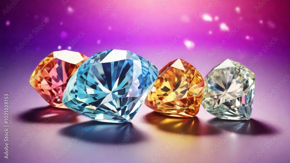 White shiny diamonds in a rainbow light background
White shiny diamonds in a rainbow light background