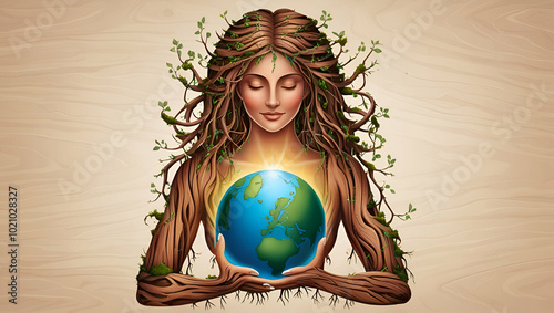 Mother of Earth/ nature mom/ Earth Goddess/ mother earth Day and environment day, protect the environment concept copy space abstract creative ai art
