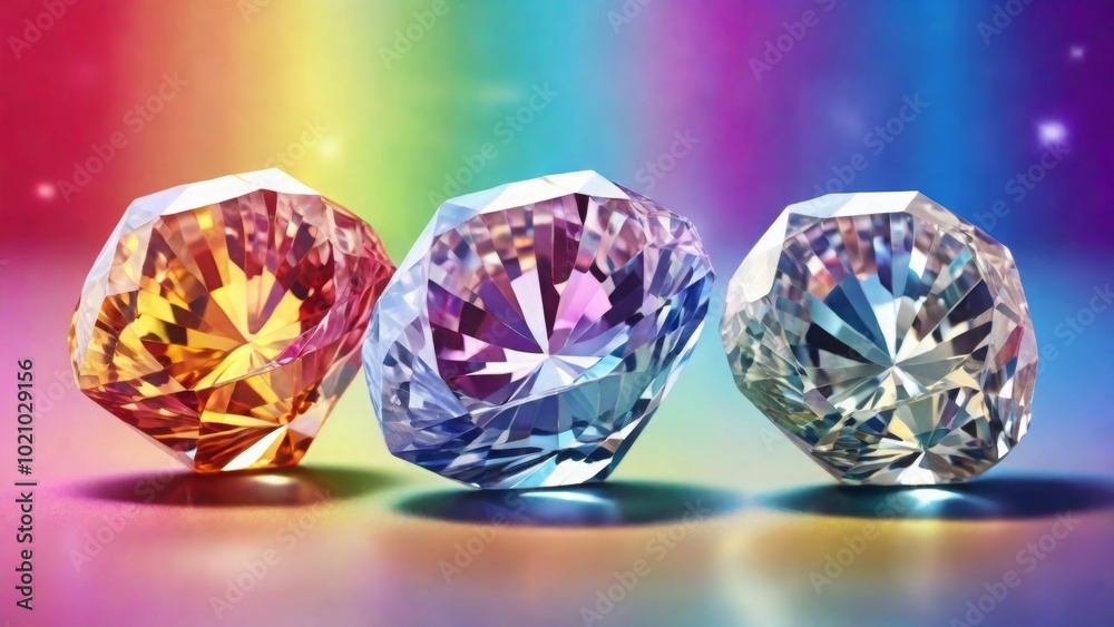 White shiny diamonds in a rainbow light background
White shiny diamonds in a rainbow light background