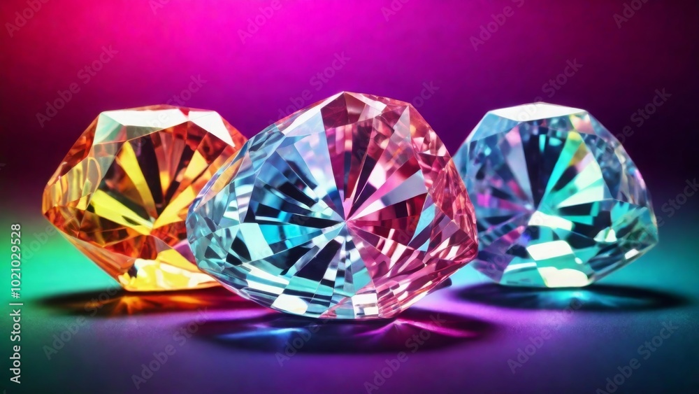 White shiny diamonds in a rainbow light background
White shiny diamonds in a rainbow light background