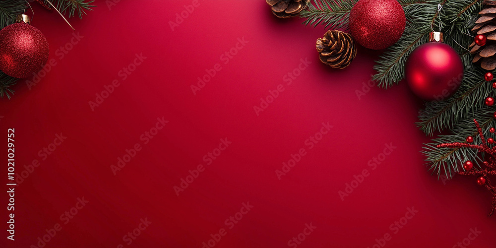 Christmas card, Christmas tree branches, pine cones and toys on a red background with copy space on the left. Advertising banner. Christmas card, Christmas tree branches, pine cones and toys on a red background with copy space on the left. Advertising banner.