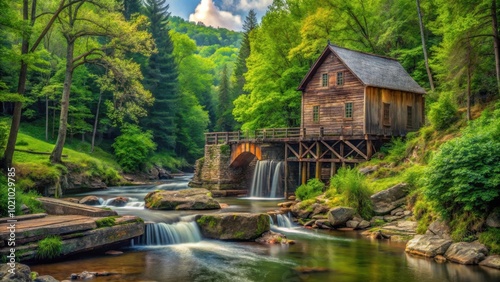 A rustic wooden cabin nestled amongst lush green trees, perched above a cascading waterfall and a flowing river, creating a serene and picturesque landscape.