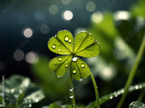 Close-up of green clover leaves. The leaves are covered with shiny water drops, which gives them a fresh and moist look. The background is slightly blurred, the bokeh effect photo