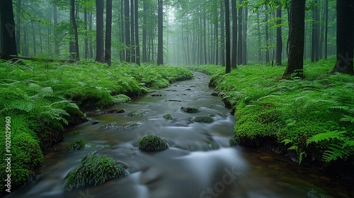 this Peaceful forest with a gentle, babbling brook and lush, green vegetation.