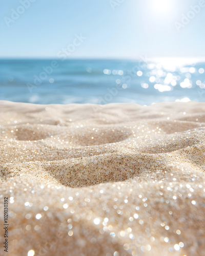 Serene beach scene with soft, golden sand in the foreground and a tranquil, blurred blue ocean in the background. The sky is clear and bright, adding to the peaceful and relaxing.