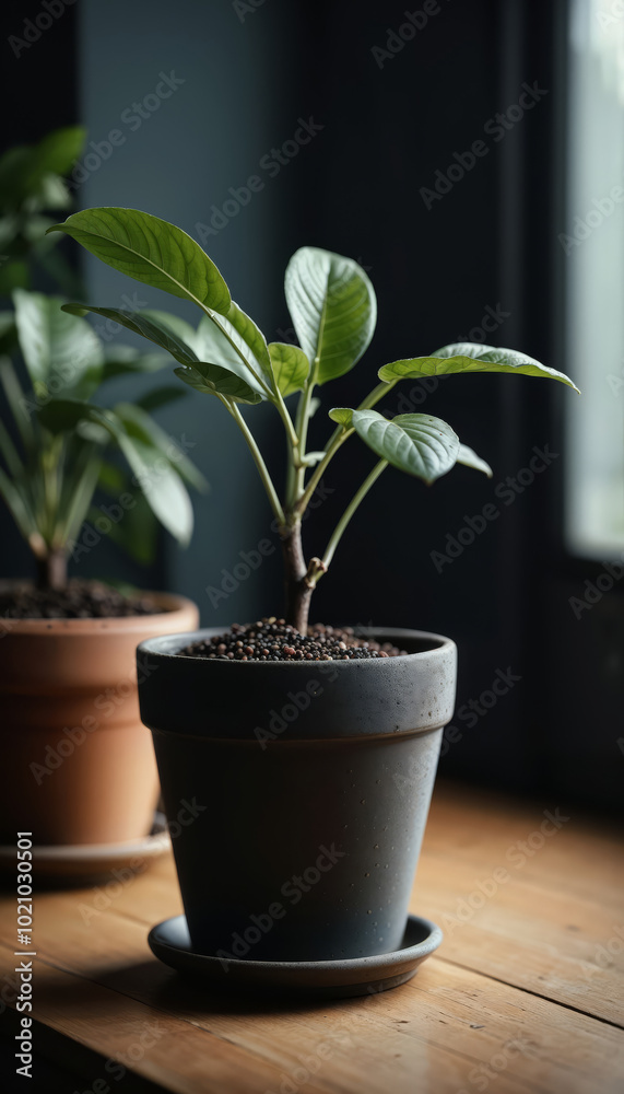 Young Potted Plant on Wooden Table Near Sunlit Window Young Potted Plant on Wooden Table Near Sunlit Window