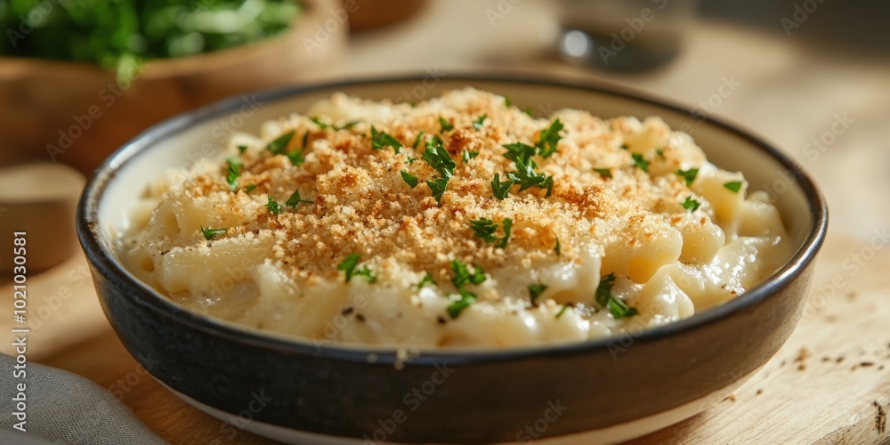 Creamy macaroni and cheese topped with crunchy breadcrumbs and fresh parsley in a rustic bowl. Creamy macaroni and cheese topped with crunchy breadcrumbs and fresh parsley in a rustic bowl.