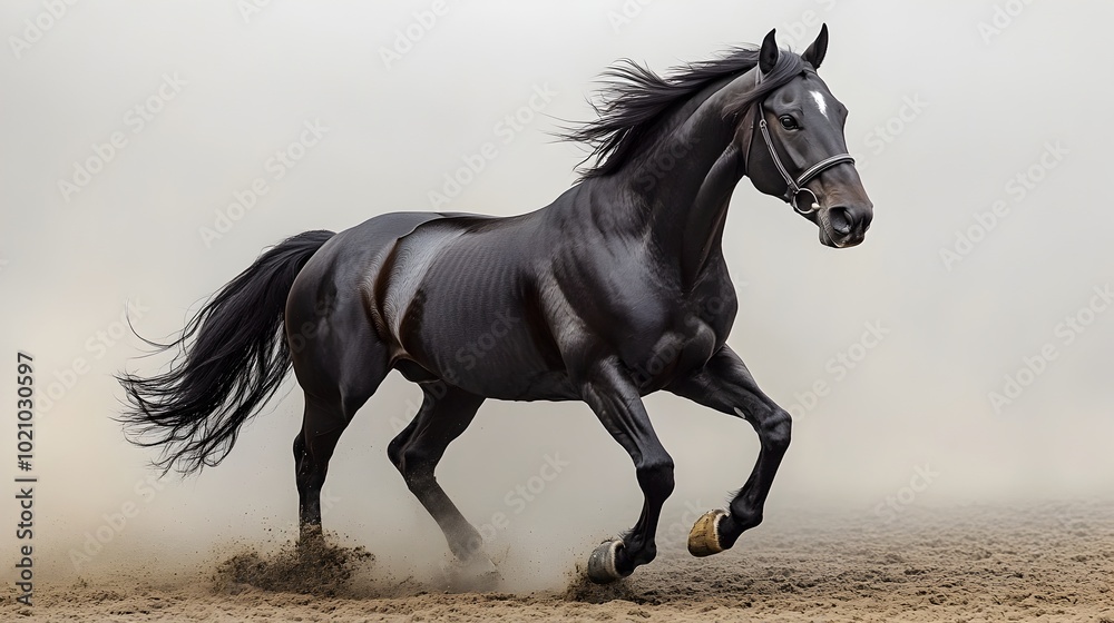 Powerful Black Horse Galloping Through Dusty Field with Energy and Freedom. Magnificent equine creature running with grace and speed,showcasing the raw power and beauty of nature's wild creatures. Powerful Black Horse Galloping Through Dusty Field with Energy and Freedom. Magnificent equine creature running with grace and speed,showcasing the raw power and beauty of nature's wild creatures.