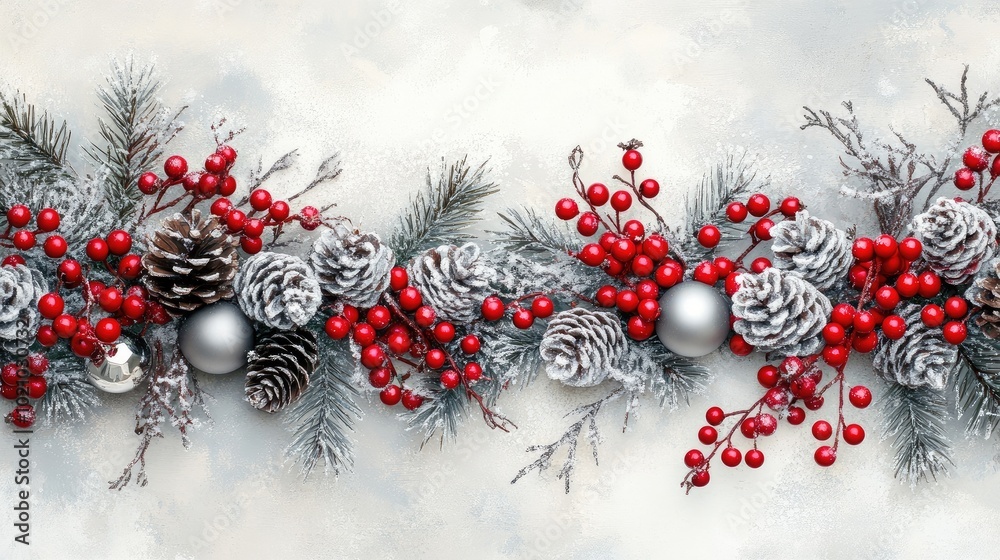 Snow-dusted Christmas border of red berries, pinecones, and silver ornaments, symbolizing the cold and joyful feeling of new beginnings. Snow-dusted Christmas border of red berries, pinecones, and silver ornaments, symbolizing the cold and joyful feeling of new beginnings.
