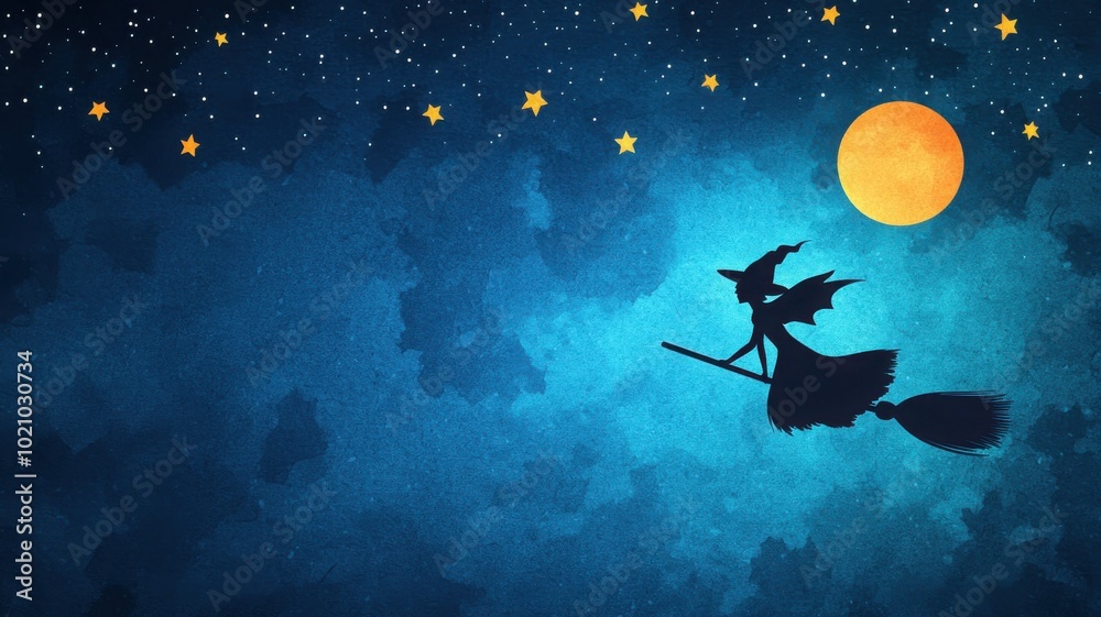 Naklejka premium Silhouette of a witch flying on a broom under stars and a full moon, dark blue background.