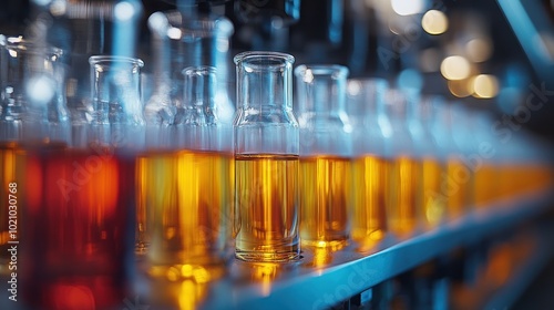 Bottles filled with colorful liquids on a production line.