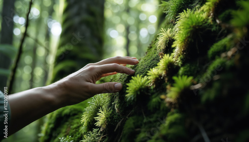 Hand Touching Moss-Covered Tree in Serene Forest