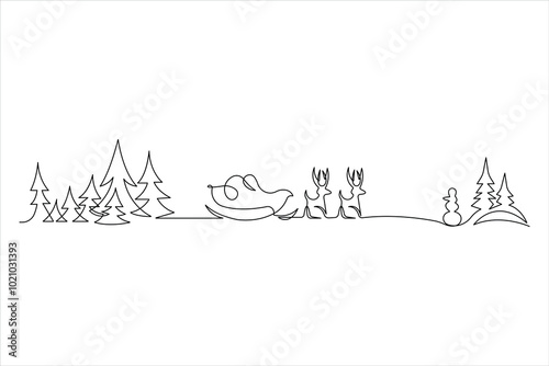 Christmas landscape continuous one line art drawing. Santa in sleigh with deer's, snowman, trees concept of Christmas vector illustrations 

