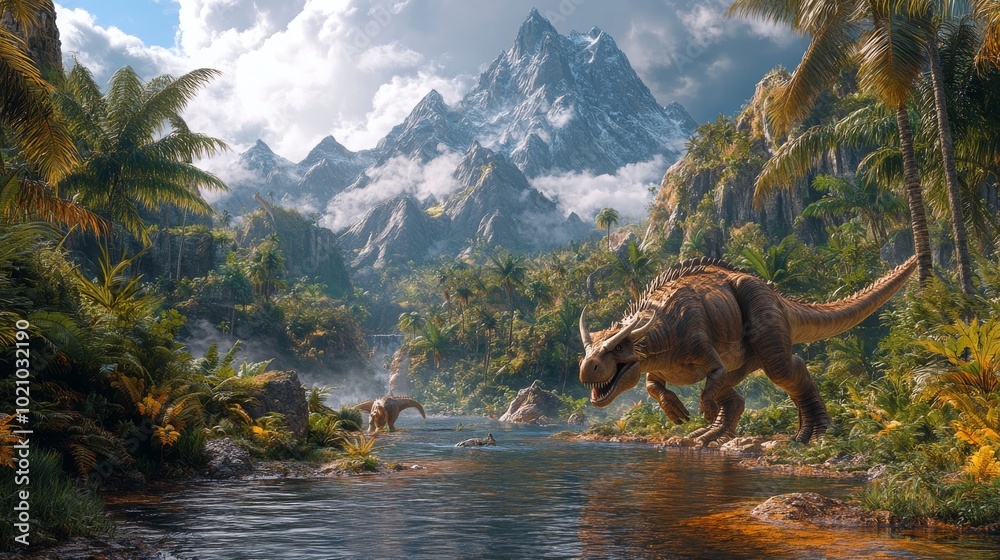 Exploring a vibrant prehistoric landscape inhabited by dinosaurs near a winding river