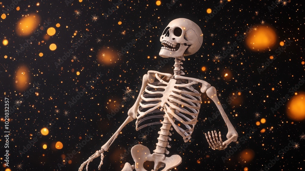Humorous skeleton figurine on a sparkling background. Humorous skeleton figurine on a sparkling background.