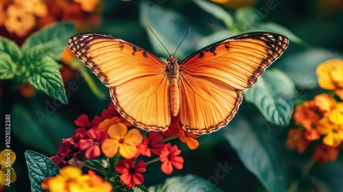 A beautiful orange butterfly landing on a vibrant flower, wings fully spread in the sunlight