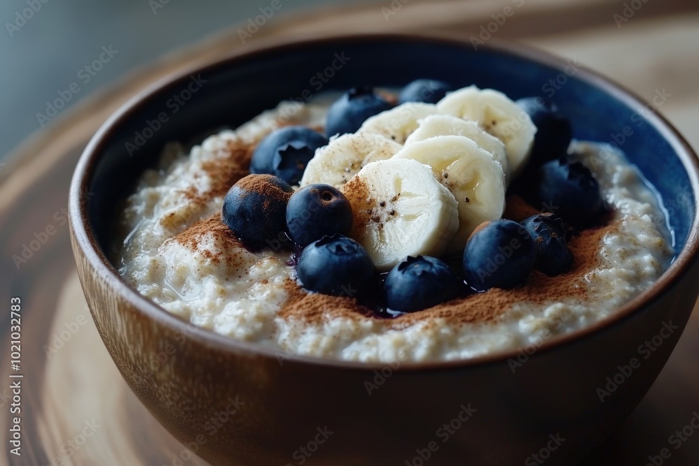 Delicious oatmeal adorned with fresh blueberries and banana slices, sprinkled with cinnamon. Delicious oatmeal adorned with fresh blueberries and banana slices, sprinkled with cinnamon.