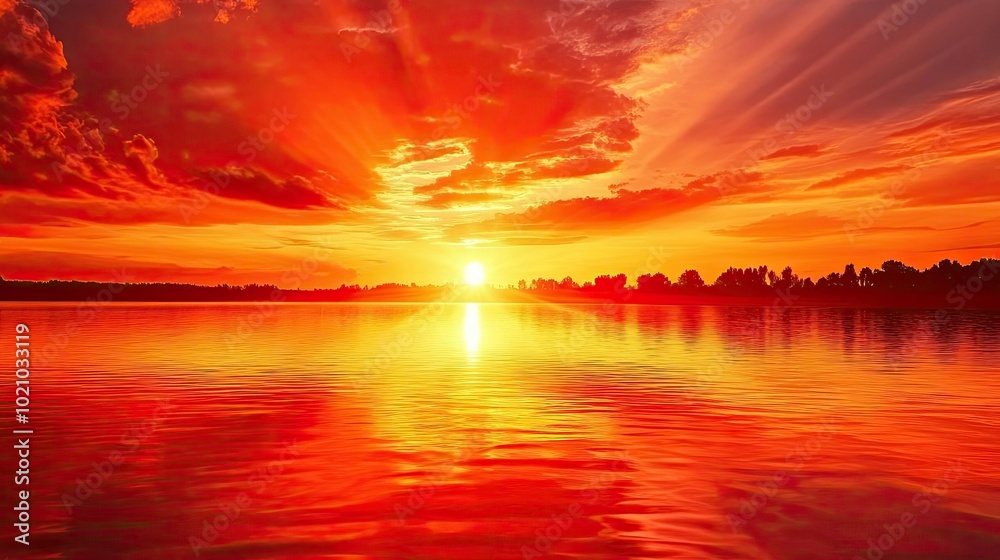 Fototapeta premium A beautiful red sunset over a calm lake, with the sky ablaze in fiery hues reflected in the water
