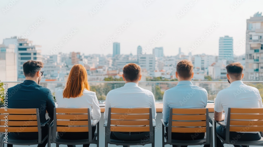 Fototapeta premium A group of professionals enjoying a panoramic city view from a rooftop, emphasizing teamwork and collaboration in a modern setting.