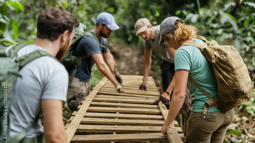 A group of volunteers constructing a wooden bridge in a lush forest, promoting teamwork and environmental conservation. A group of volunteers constructing a wooden bridge in a lush forest, promoting teamwork and environmental conservation.