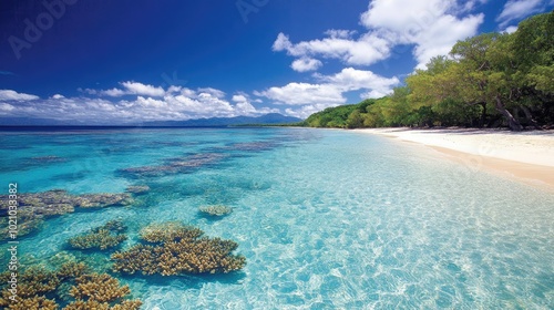 A beautiful white-sand beach on the Great Barrier Reef, with clear blue water and coral just below the surface