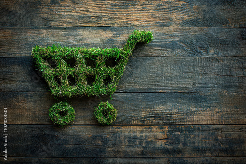 An eco-friendly concept image featuring a shopping cart crafted from green grass, set against an aged wooden plank backdrop, representing sustainability.