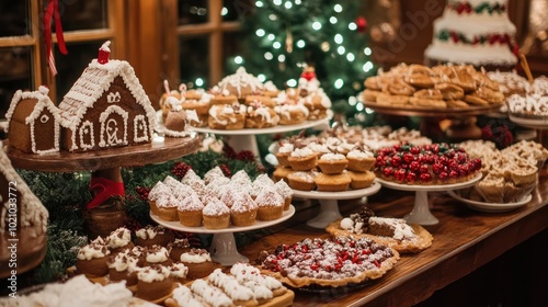 A beautifully decorated holiday dessert table, filled with Christmas cookies, pies, and gingerbread houses