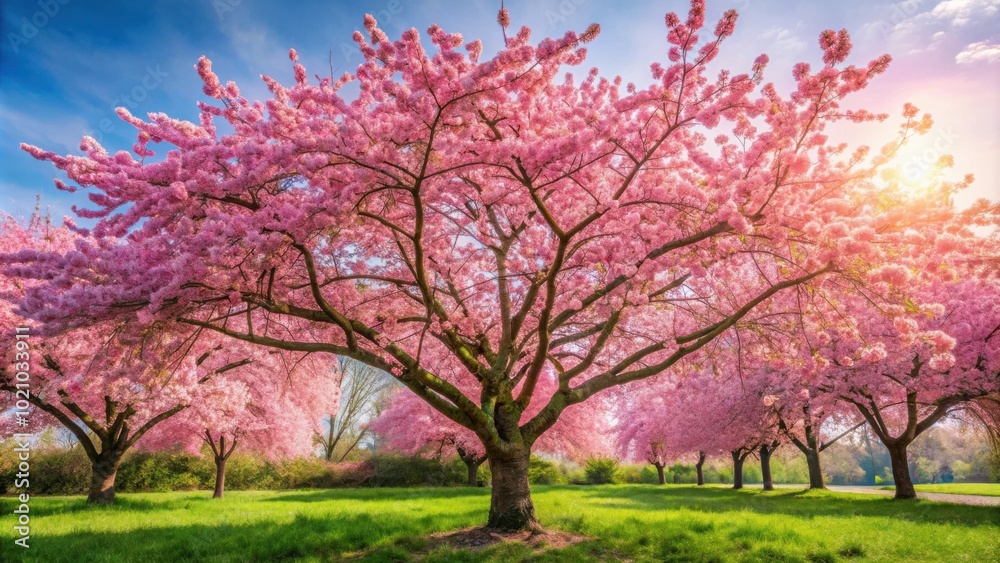 Stunning Blossoming Tree in Spring with Vibrant Pink Flowers in Full Bloom Stunning Blossoming Tree in Spring with Vibrant Pink Flowers in Full Bloom