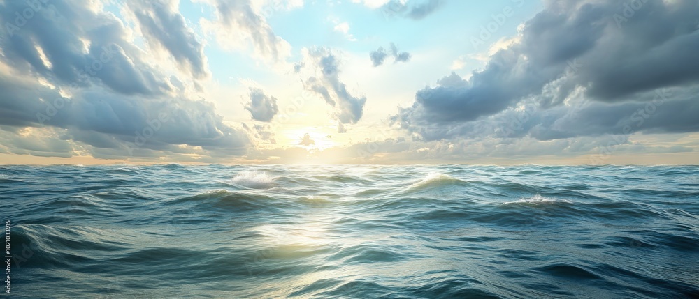 Fototapeta premium Peaceful sea at sunrise with vibrant clouds and gentle waves creating a serene atmosphere.