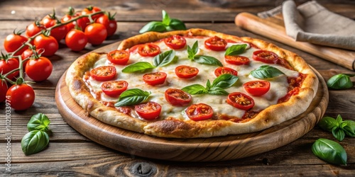 Delicious Italian style Margherita pizza with tomatoes and cheese on wooden board