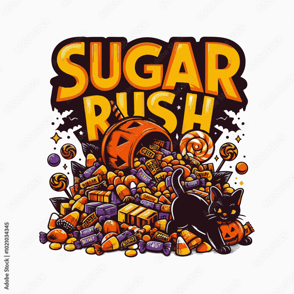 Sugar Rush quote illustration for t shirt design. Halloween Candy Rush vector editable eps file for printing.  candy with black cat