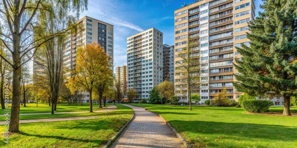 Path through park area in front of high-rise Plattenbau building in East Berlin Path through park area in front of high-rise Plattenbau building in East Berlin