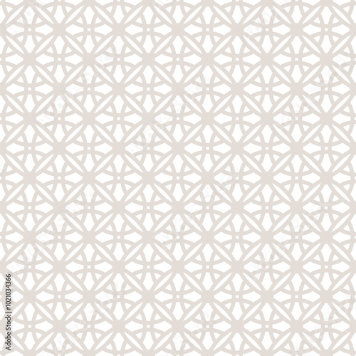 Geometric seamless pattern in gothic style. Vector subtle abstract ornament texture with flower shapes, crosses, circle, lattice, grid, net. Simple beige and white geo background with medieval motifs