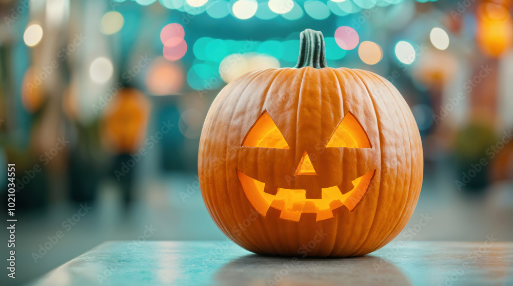 Halloween pumpkin sitting on empty table at night with bokeh lights Halloween pumpkin sitting on empty table at night with bokeh lights