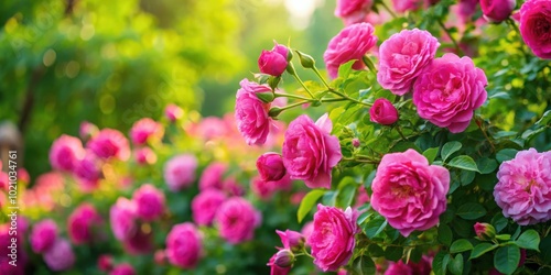 A vibrant rose bush with blossoms of pink and green leaves in a garden setting, showcasing the beauty of nature's delicate details.