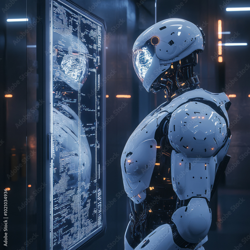 Fototapeta premium The cyborg soldier enhances its skills using the display.