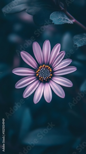 Photo of a purple, orderly daisy flower on a dark background