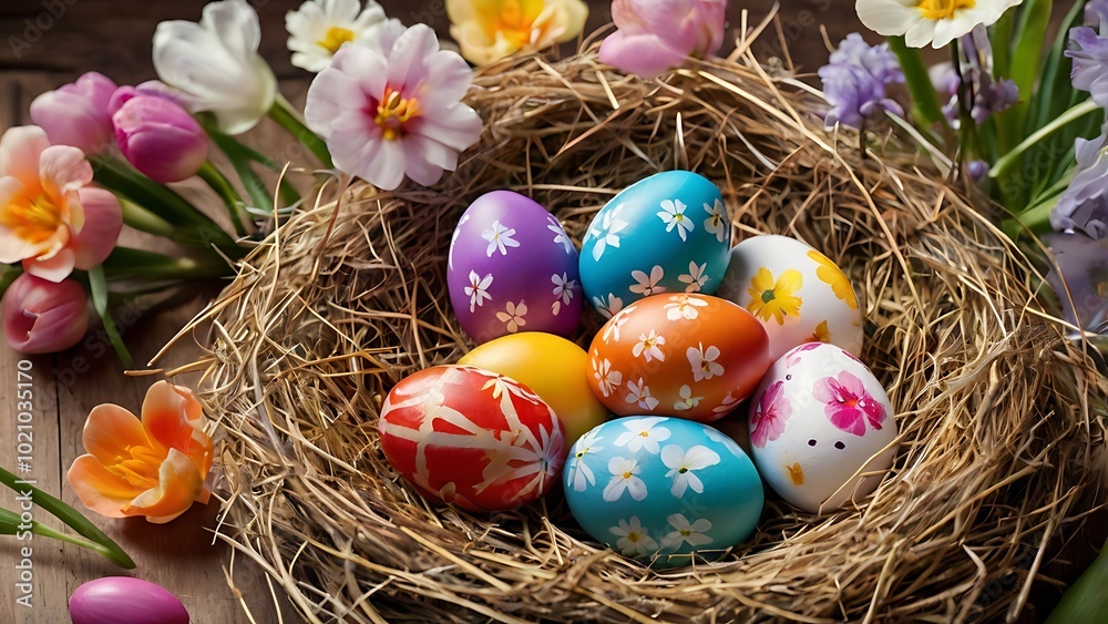 Fototapeta premium A collection of brightly painted Easter eggs resting in a straw nest, surrounded by soft spring flowers, creating a vibrant and festive scene. 