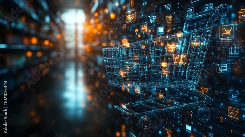 Wallpaper Mural Sleek and minimalist digital shopping cart design with various purchase buttons and icons. Futuristic user interface with a clean background and soft pastel colors,ideal for e-commerce,online retail. Torontodigital.ca