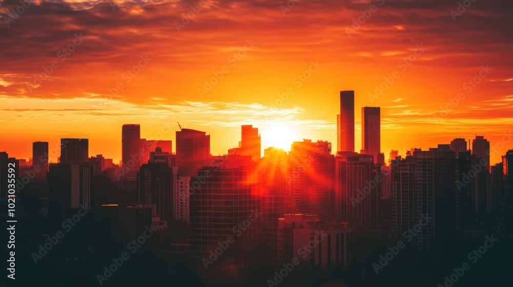 Naklejka premium Captivating city skyline silhouetted against a vibrant orange sunset, creating a stunning urban landscape.