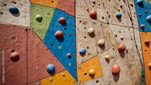 A colorful rock climbing wall in the playground, with handholds and footholds carefully placed, inviting a challenge for adventure seekers. photo