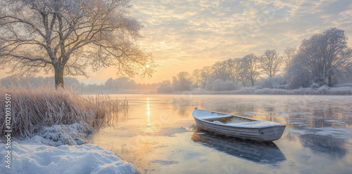 A solitary boat rests amid a serene yet frosty lake landscape at sunrise, accompanied by the reflection of icy terrain, conveying peace and stillness in nature.